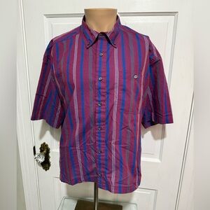 Vintage Mens Purple Blue Stripe Button Down Short Sleeve Shirt Size XXL